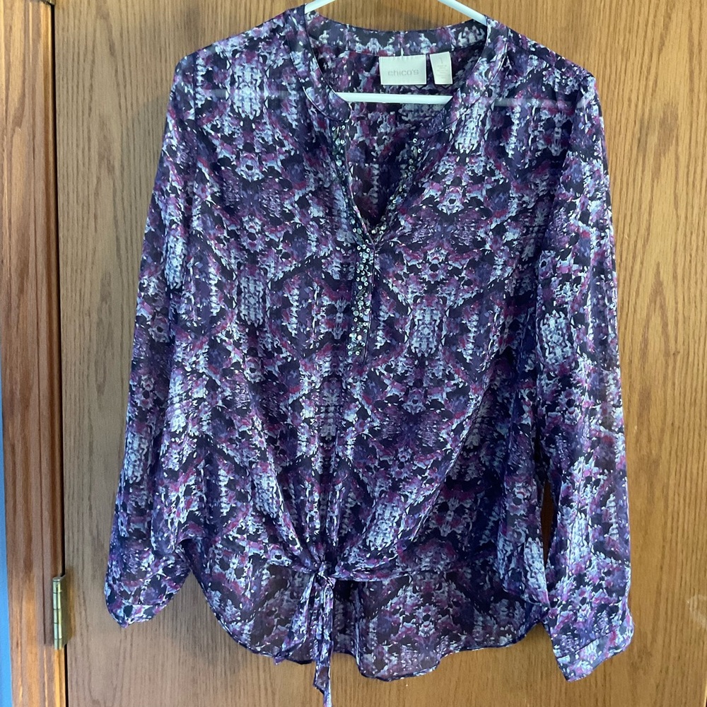 Chicos Purple Sheer Tie front Women's Top size 1 (Medium)